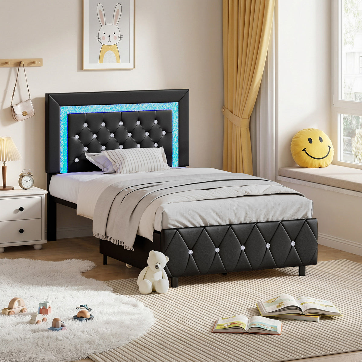 4 EVER WINNER Twin Size LED Bed Frame with Storage, Upholstered Platform Bed with 2 Drawers, Adjustable LED Lights Headboard, Black