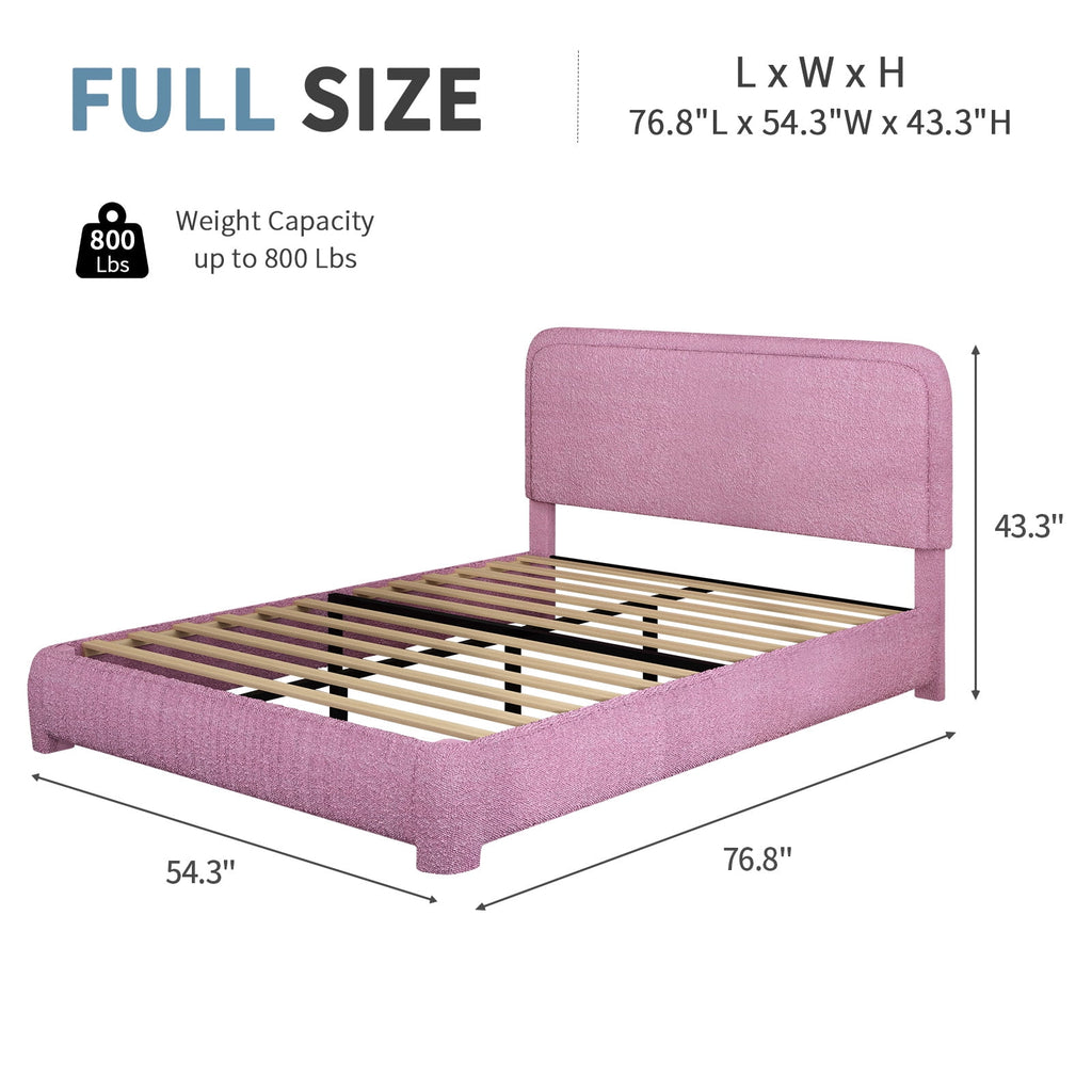 4 Ever Winner Full Size Bed Frame, Modern White Bed Frame with Headboard, Boucle Fabric Upholstered Bed Frame, Soft Curved Headboard, Pink