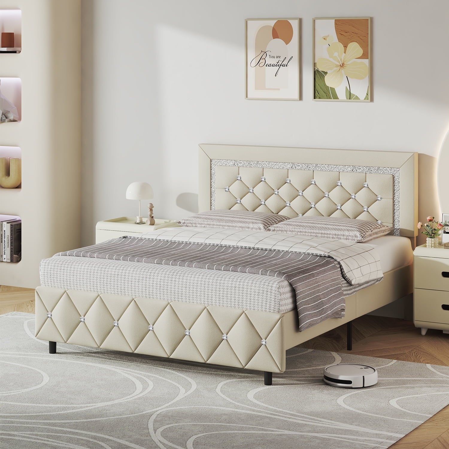 4 EVER WINNER Twin /Full/Queen/KIng Size Bed Frame, Upholstered Bed Frame with Headboard, No Box Spring Required, Easy AssemblyBEAX726-WAL-XZBED-BEQ