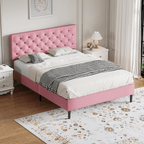 4 EVER WINNER Full Size Bed Frame, Upholstered Platform Bed with Headboard, Button Tufted Headboard, Pink