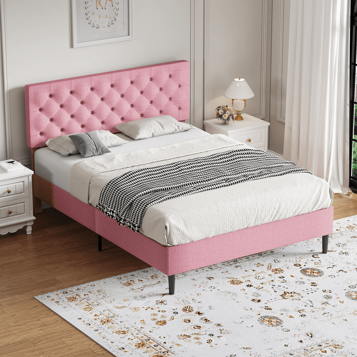 4 EVER WINNER Full Size Bed Frame, Upholstered Platform Bed with Headboard, Button Tufted Headboard, Pink
