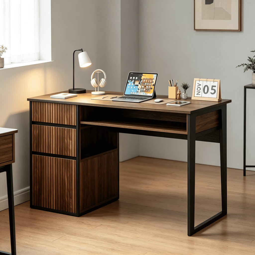 DreamCurship 48 inch Computer Desk with 4 Storage Drawers, Home Office Desks with Hidden Handle, Wooden Desk for Small Spaces, Black