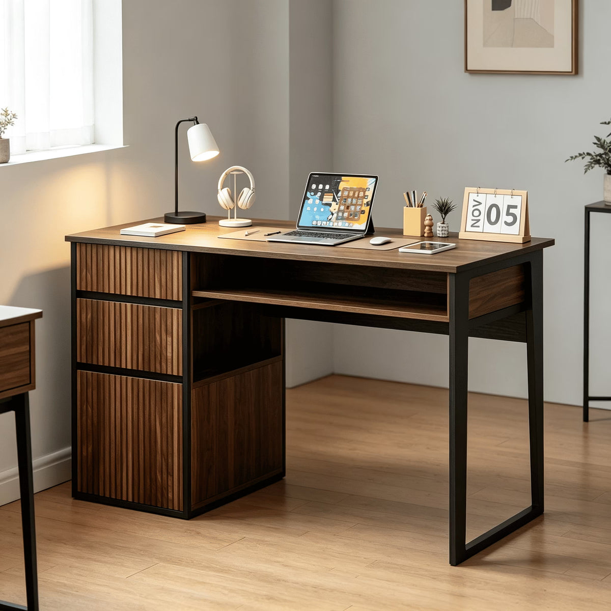 DreamCurship 48 inch Computer Desk with 4 Storage Drawers, Home Office Desks with Hidden Handle, Wooden Desk for Small Spaces, Black