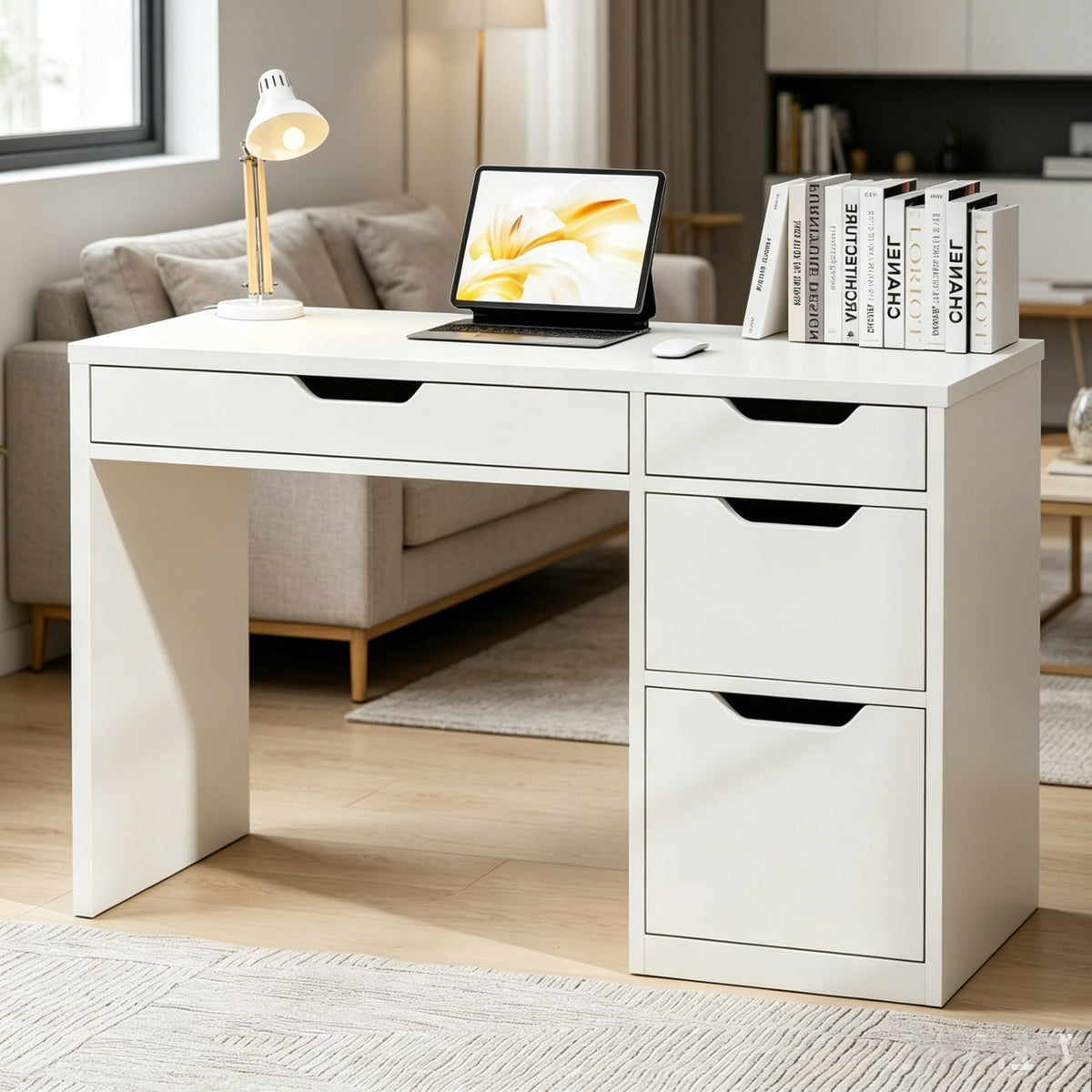 DreamCurship 48 inch Computer Desk with 4 File Drawers, Study Desk with Filing Cabinet and Storage, Home Office Desk for Work and Study, Writing Desk for Small Space, Brown