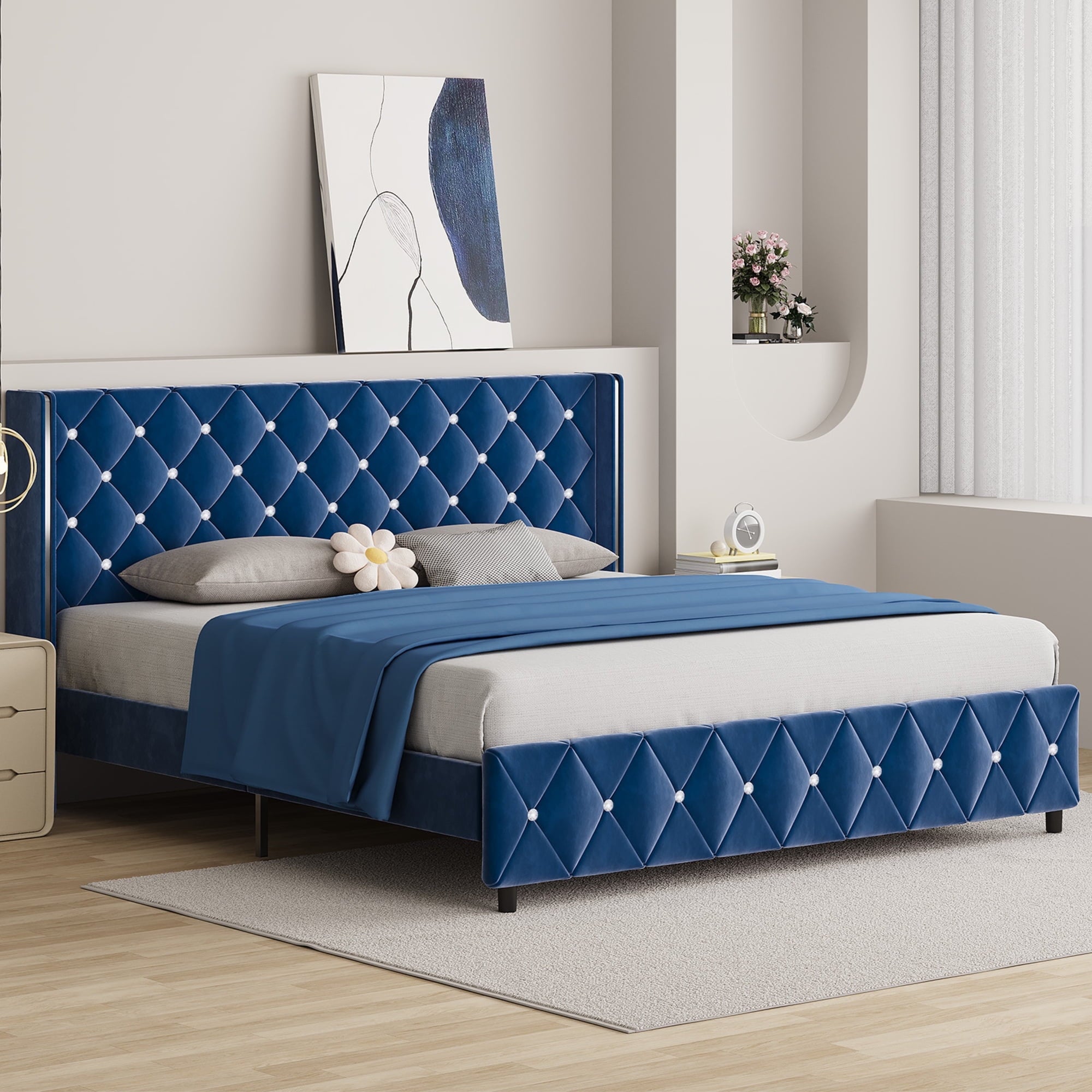 4 EVER WINNER Upholstered Bed Frame, Silver-Trim Button Tufted Headboard, Wooden Slat Support, No Box Spring Needed, Hassle-Free Assembly, Pink/Black/White/Blue/Green/Purple, Twin/Full/Queen/King