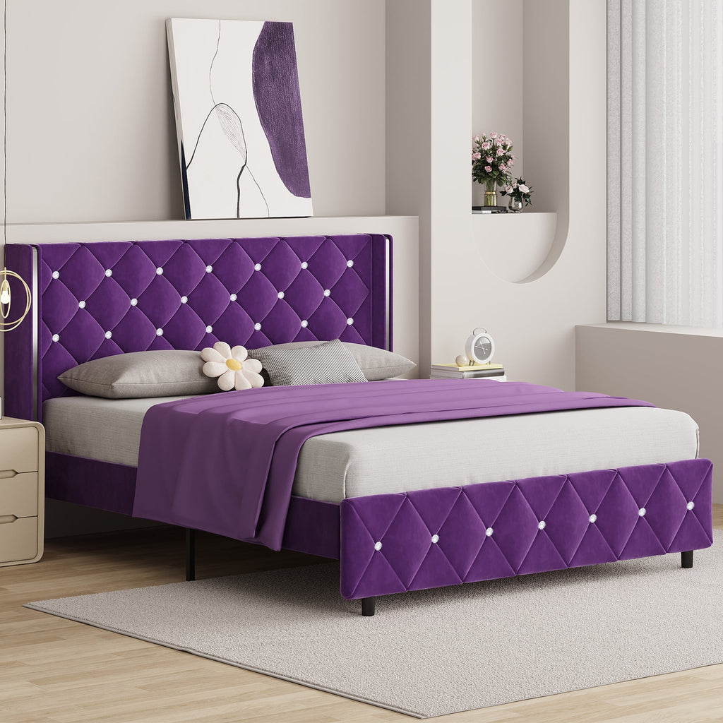 4 EVER WINNER Upholstered Bed Frame, Silver-Trim Button Tufted Headboard, Wooden Slat Support, No Box Spring Needed, Hassle-Free Assembly, Pink/Black/White/Blue/Green/Purple, Twin/Full/Queen/King