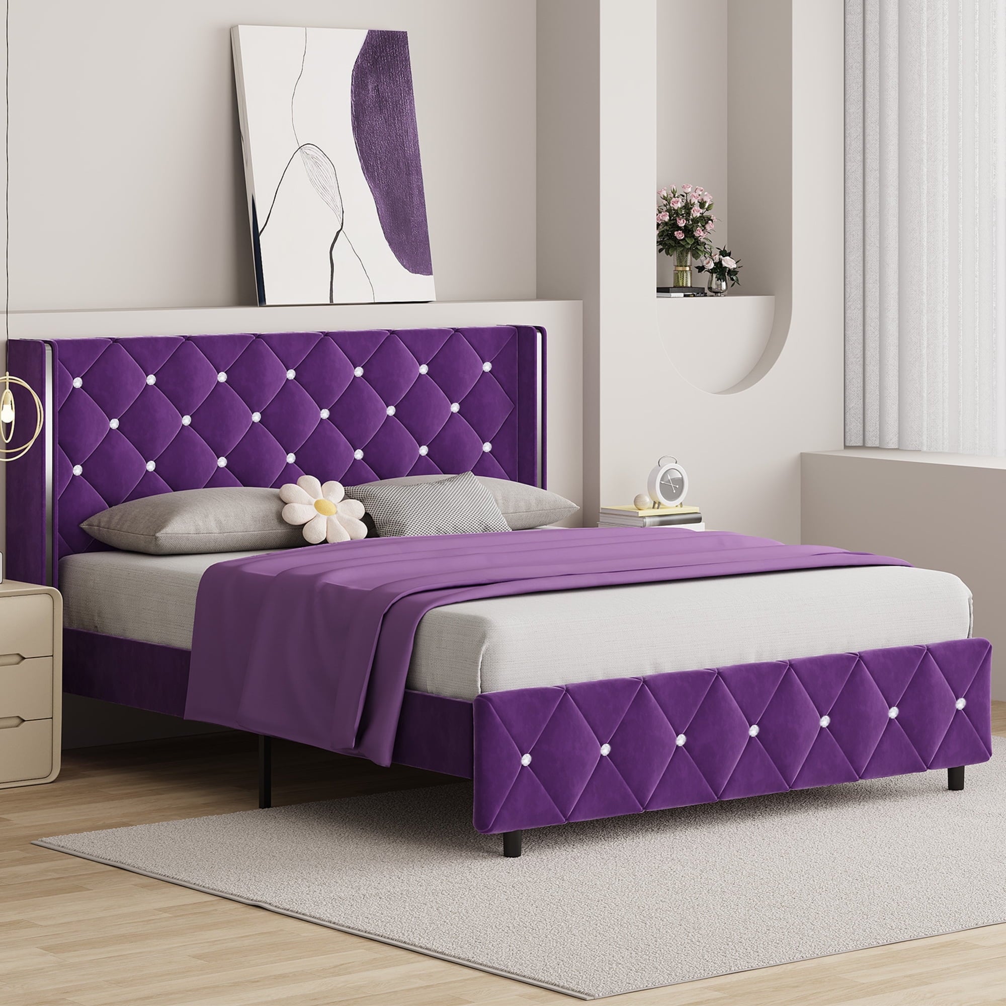 4 EVER WINNER Upholstered Bed Frame, Silver-Trim Button Tufted Headboard, Wooden Slat Support, No Box Spring Needed, Hassle-Free Assembly, Pink/Black/White/Blue/Green/Purple, Twin/Full/Queen/King