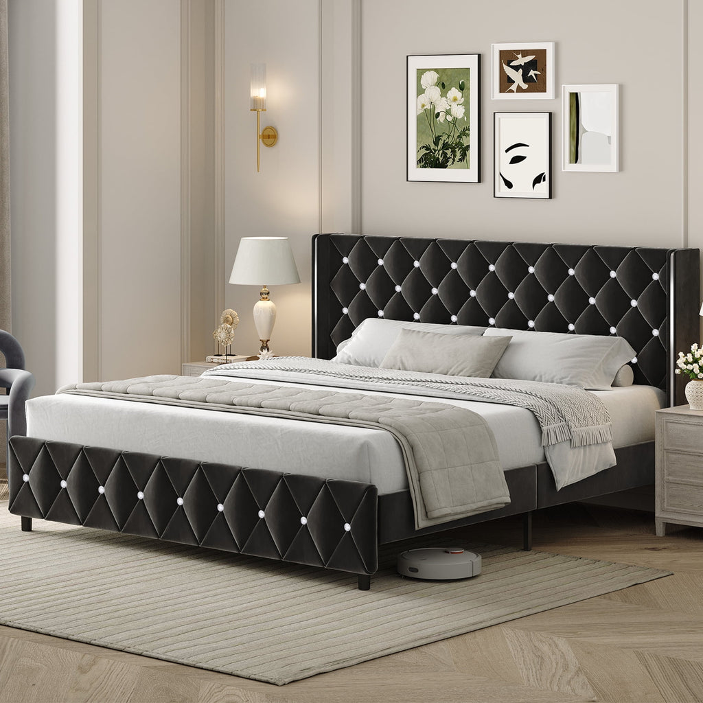 4 EVER WINNER Upholstered Bed Frame, Silver-Trim Button Tufted Headboard, Wooden Slat Support, No Box Spring Needed, Hassle-Free Assembly, Pink/Black/White/Blue/Green/Purple, Twin/Full/Queen/King