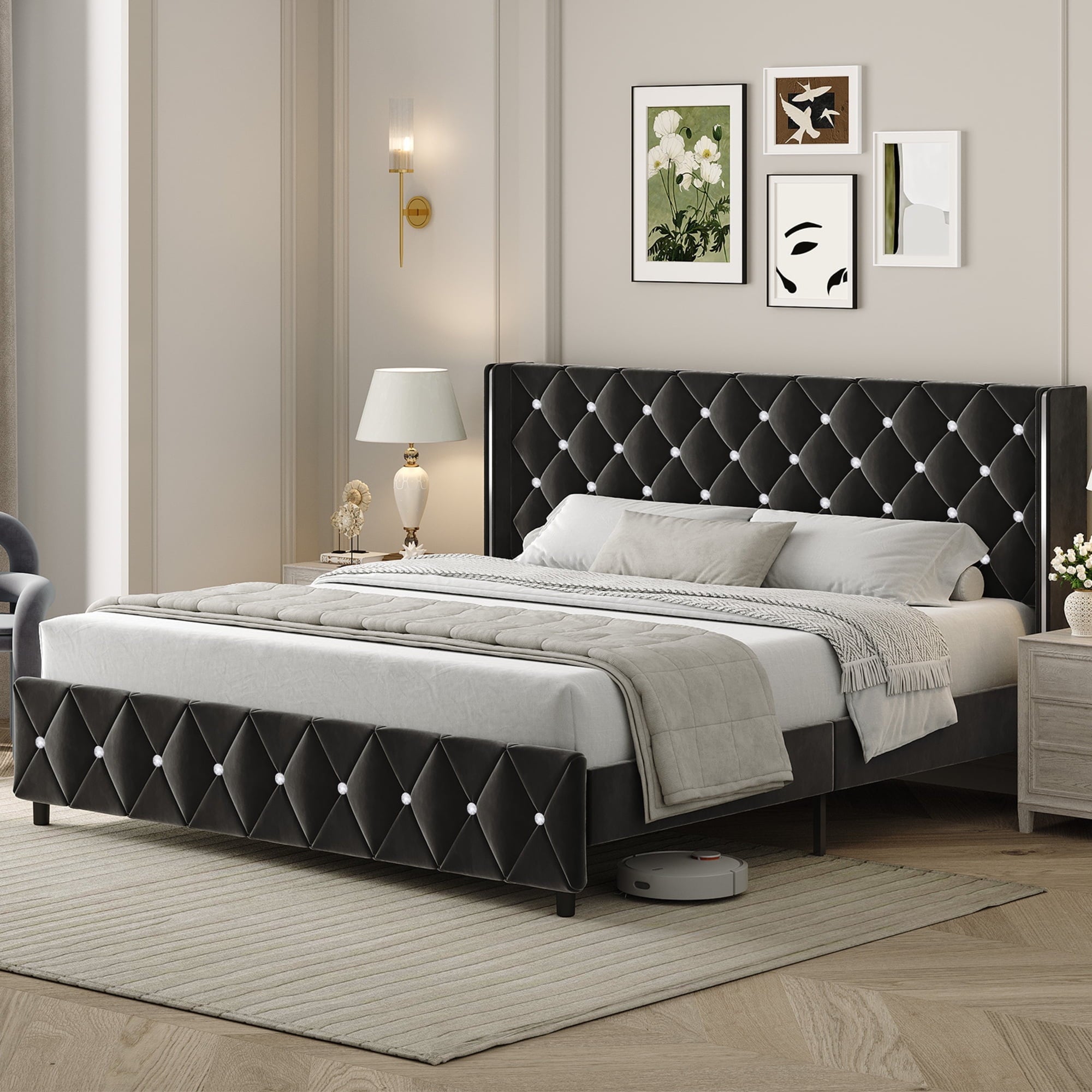 4 EVER WINNER Upholstered Bed Frame, Silver-Trim Button Tufted Headboard, Wooden Slat Support, No Box Spring Needed, Hassle-Free Assembly, Pink/Black/White/Blue/Green/Purple, Twin/Full/Queen/King