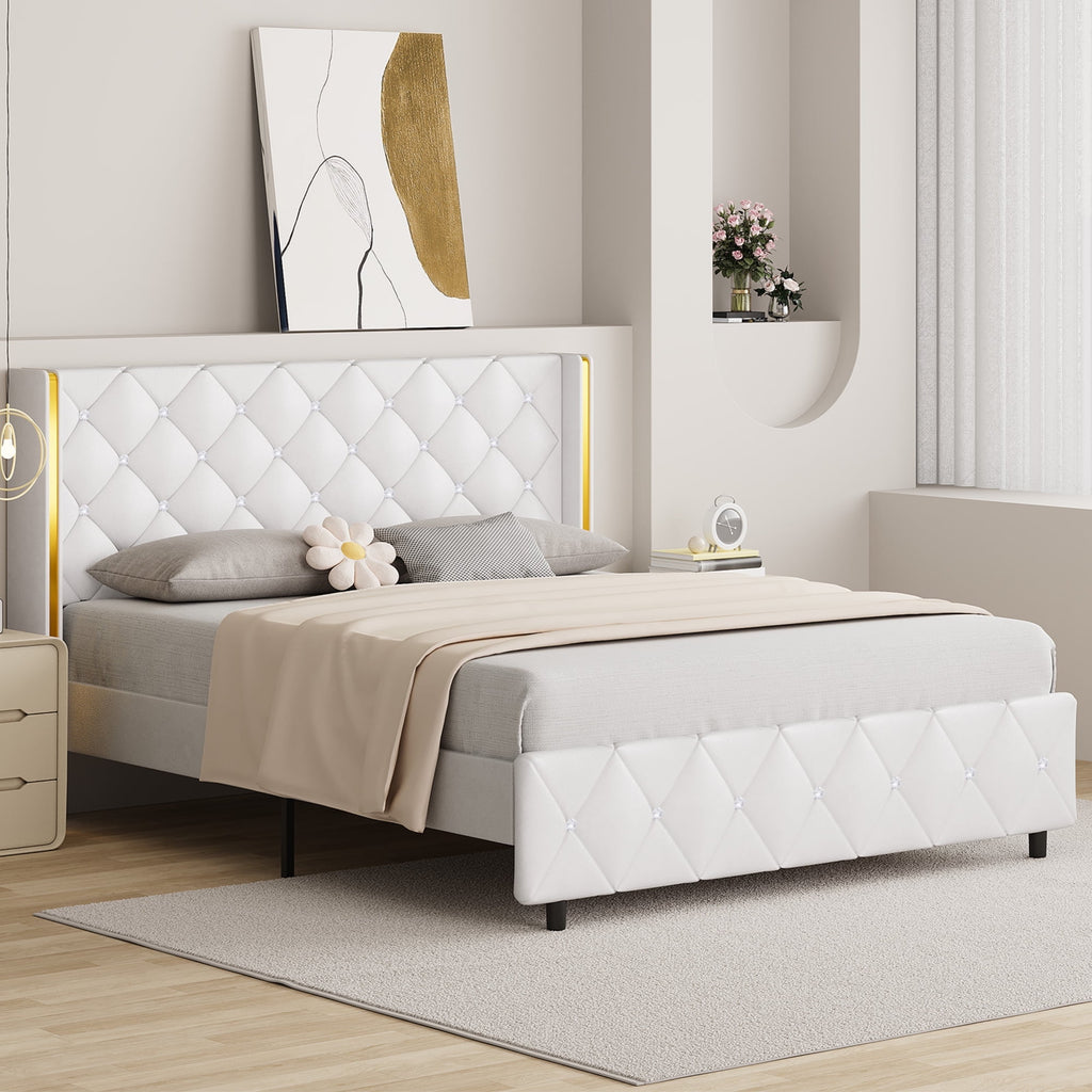 4 EVER WINNER Upholstered Bed Frame, Silver-Trim Button Tufted Headboard, Wooden Slat Support, No Box Spring Needed, Hassle-Free Assembly, Pink/Black/White/Blue/Green/Purple, Twin/Full/Queen/King