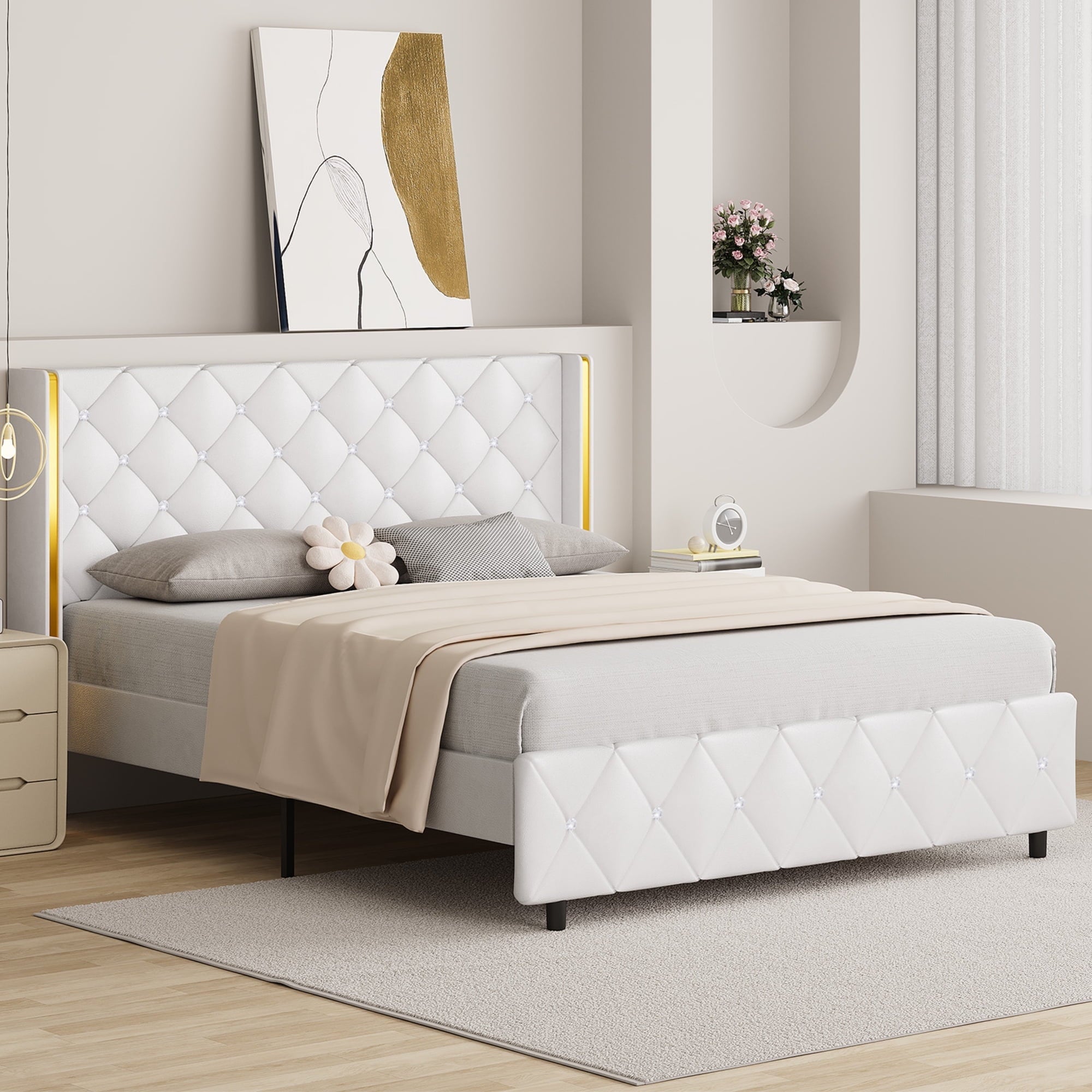 4 EVER WINNER Upholstered Bed Frame, Silver-Trim Button Tufted Headboard, Wooden Slat Support, No Box Spring Needed, Hassle-Free Assembly, Pink/Black/White/Blue/Green/Purple, Twin/Full/Queen/King