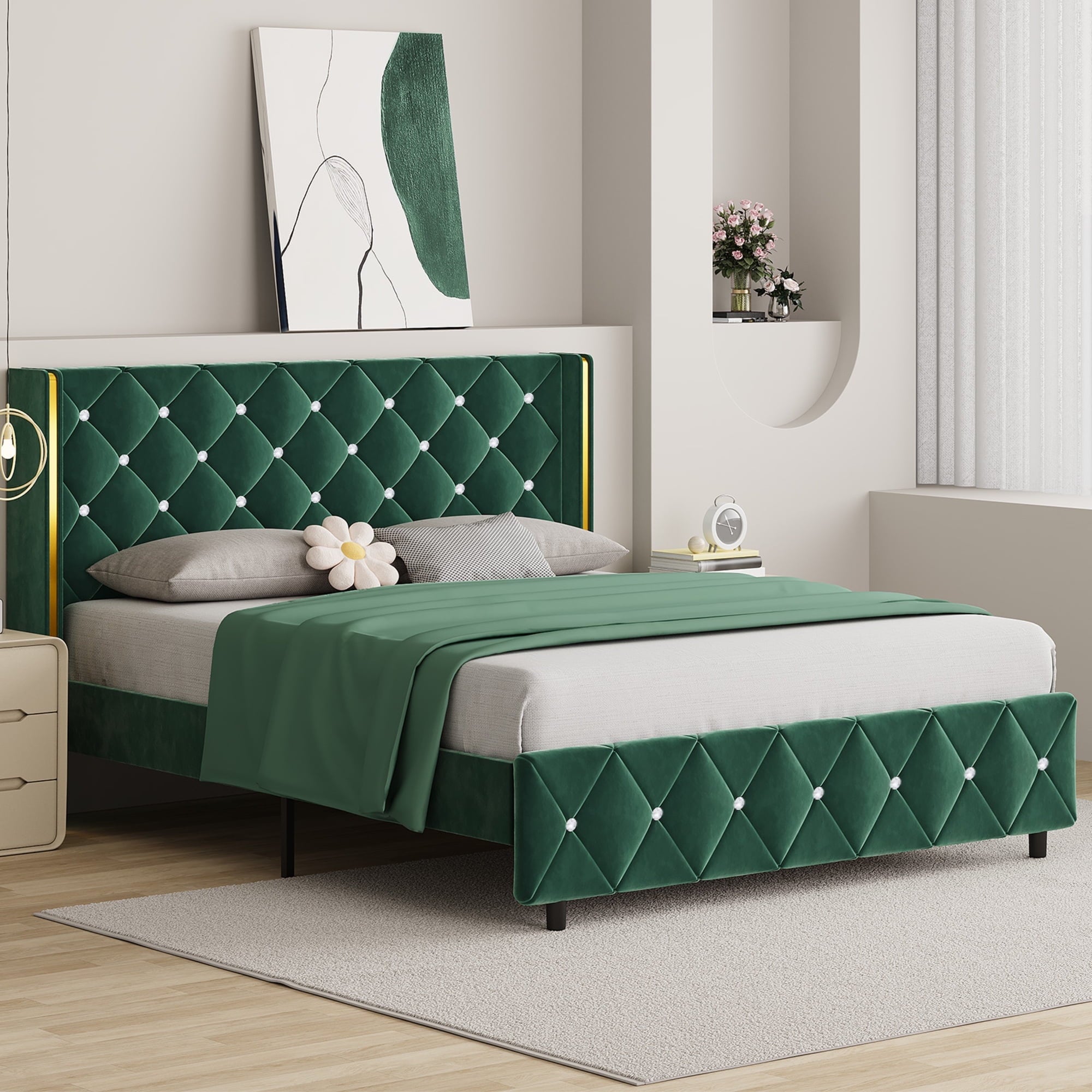 4 EVER WINNER Upholstered Bed Frame, Silver-Trim Button Tufted Headboard, Wooden Slat Support, No Box Spring Needed, Hassle-Free Assembly, Pink/Black/White/Blue/Green/Purple, Twin/Full/Queen/King