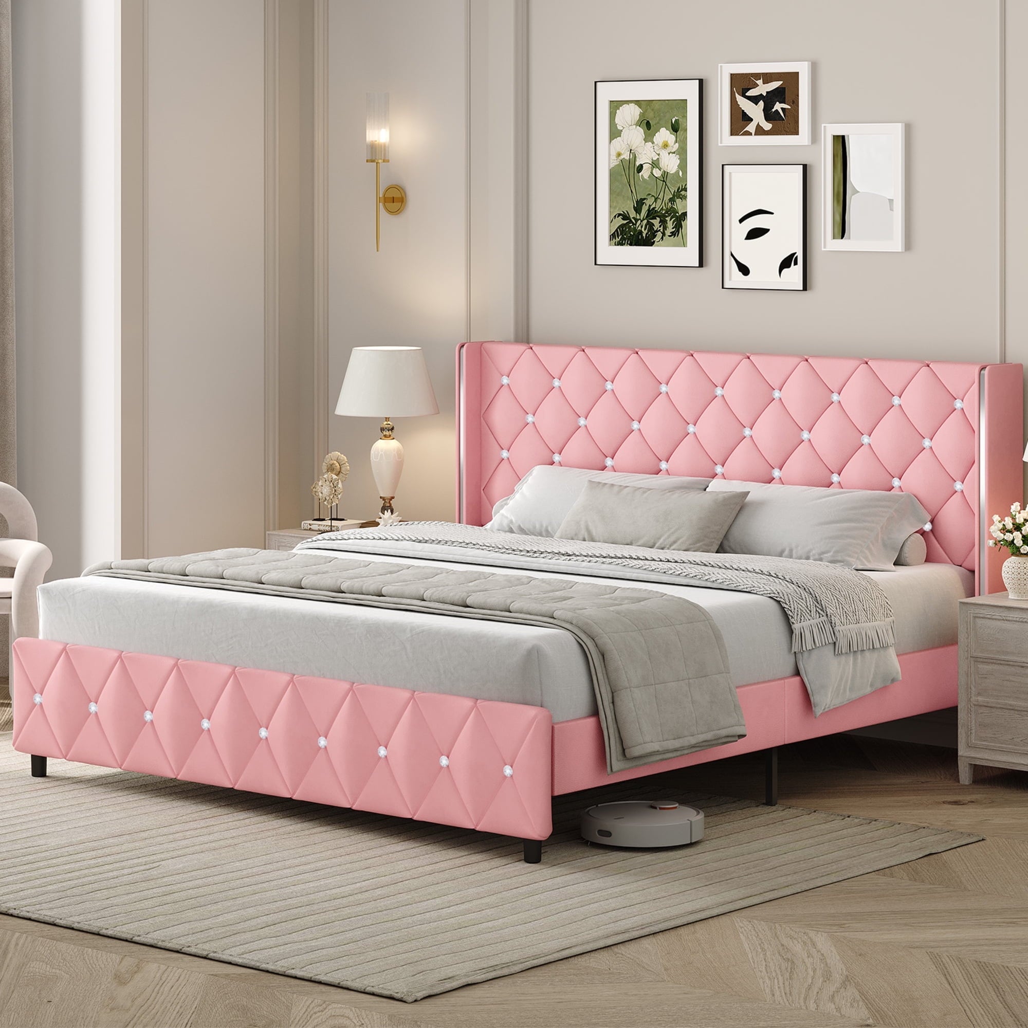 4 EVER WINNER Upholstered Bed Frame, Silver-Trim Button Tufted Headboard, Wooden Slat Support, No Box Spring Needed, Hassle-Free Assembly, Pink/Black/White/Blue/Green/Purple, Twin/Full/Queen/King