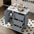 4 EVER WINNER Rolling Kitchen Island with Drop Leaf & Marble Countertop, 43.3'' Kitchen Cart with Spice Rack, Towel Rack & Drawer, Mobile Storage Island Table for Kitchen, Grey