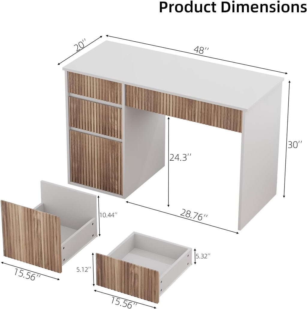 DreamCurship White Desk with 4 Drawers, 48 inch Computer Desk with Storage, Home Office Desks with Hidden Handle, White and Walnut