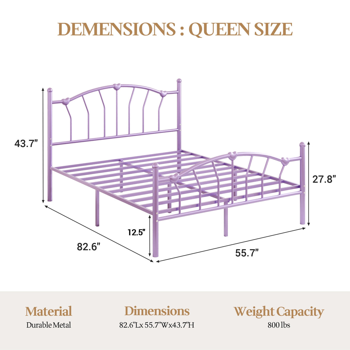 4 EVER WINNER Queen Size Metal Platform Bed Frame with Heart-Shaped Decorative Headboard and Footboard, 12.2" Under bed Storage Space, Purple