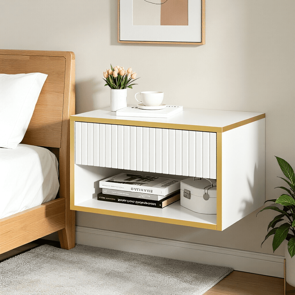 4 EVER WINNER White & Gold Floating Nightstand, Wall Mounted Bedside Table with Drawer & Open Shelf for Bedroom