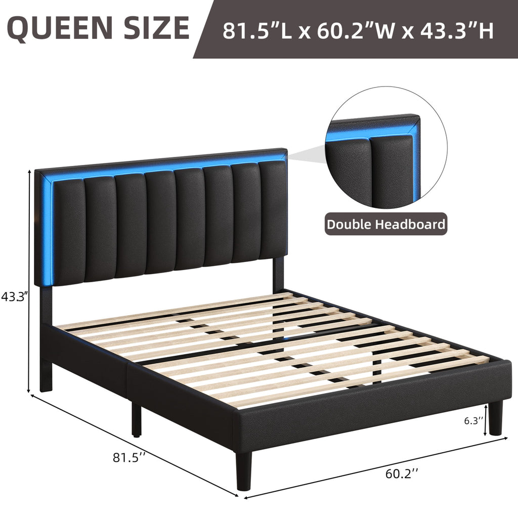 4 EVER WINNER Queen Black LED Upholstered Bed Frame, PU Soft Cushion Headboard, Stable Structure, No Box Spring Required, Quick Assembly for Home