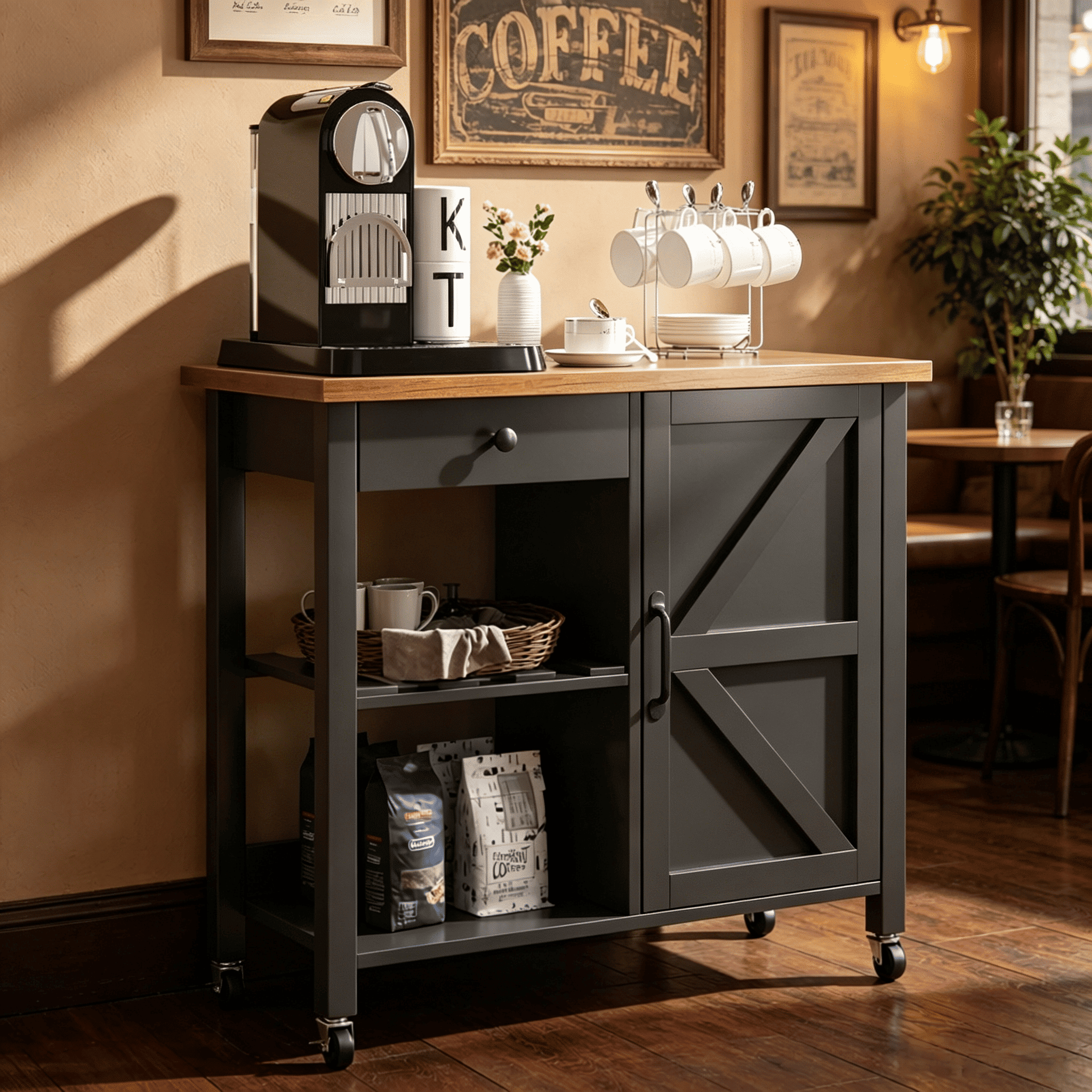 4 EVER WINNER Farmhouse Kitchen Cart with Storage, Rolling Kitchen Cart on Wheels, Microwave Stand Coffee Cart, Black