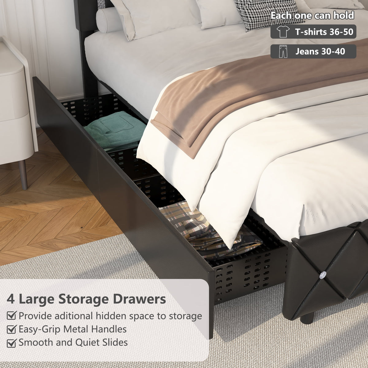 4 EVER WINNER Twin Size LED Bed Frame with Storage, Upholstered Platform Bed with 2 Drawers, Adjustable LED Lights Headboard, Black
