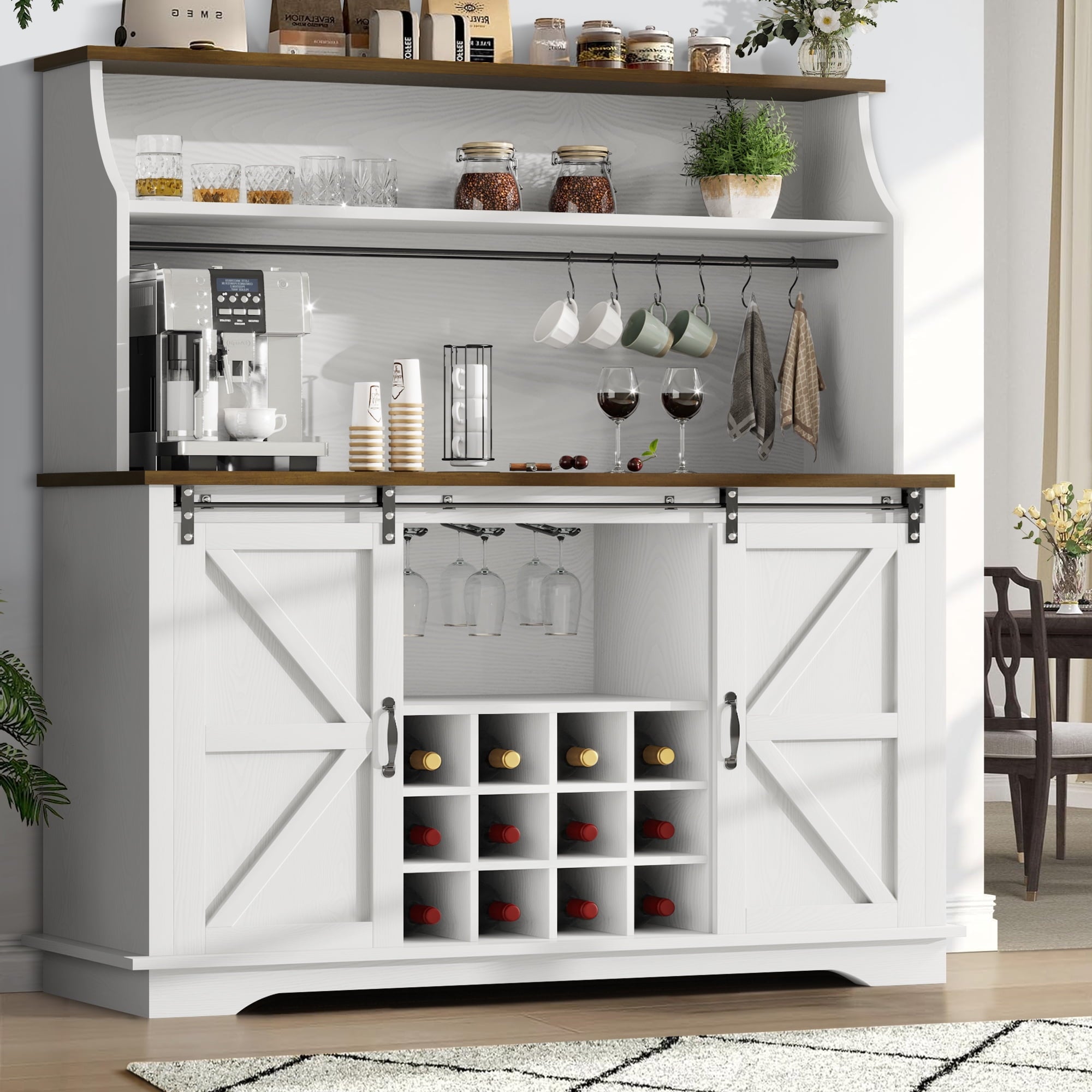 4 EVER WINNER Farmhouse Coffee Bar Cabinet, 55 Inch, White, with 3-Tier Storage Hutch, 12 Wine Racks, 6 Hooks, Adjustable Shelf