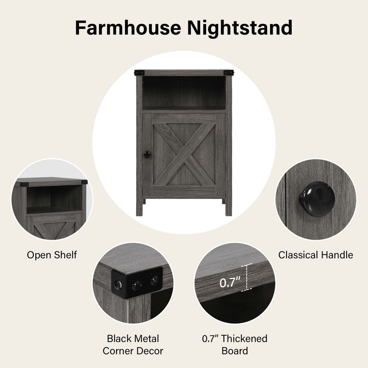 4 EVER WINNER Farmhouse Nightstand, End Table for Bedroom Living Room, Side Table, Grey Wash