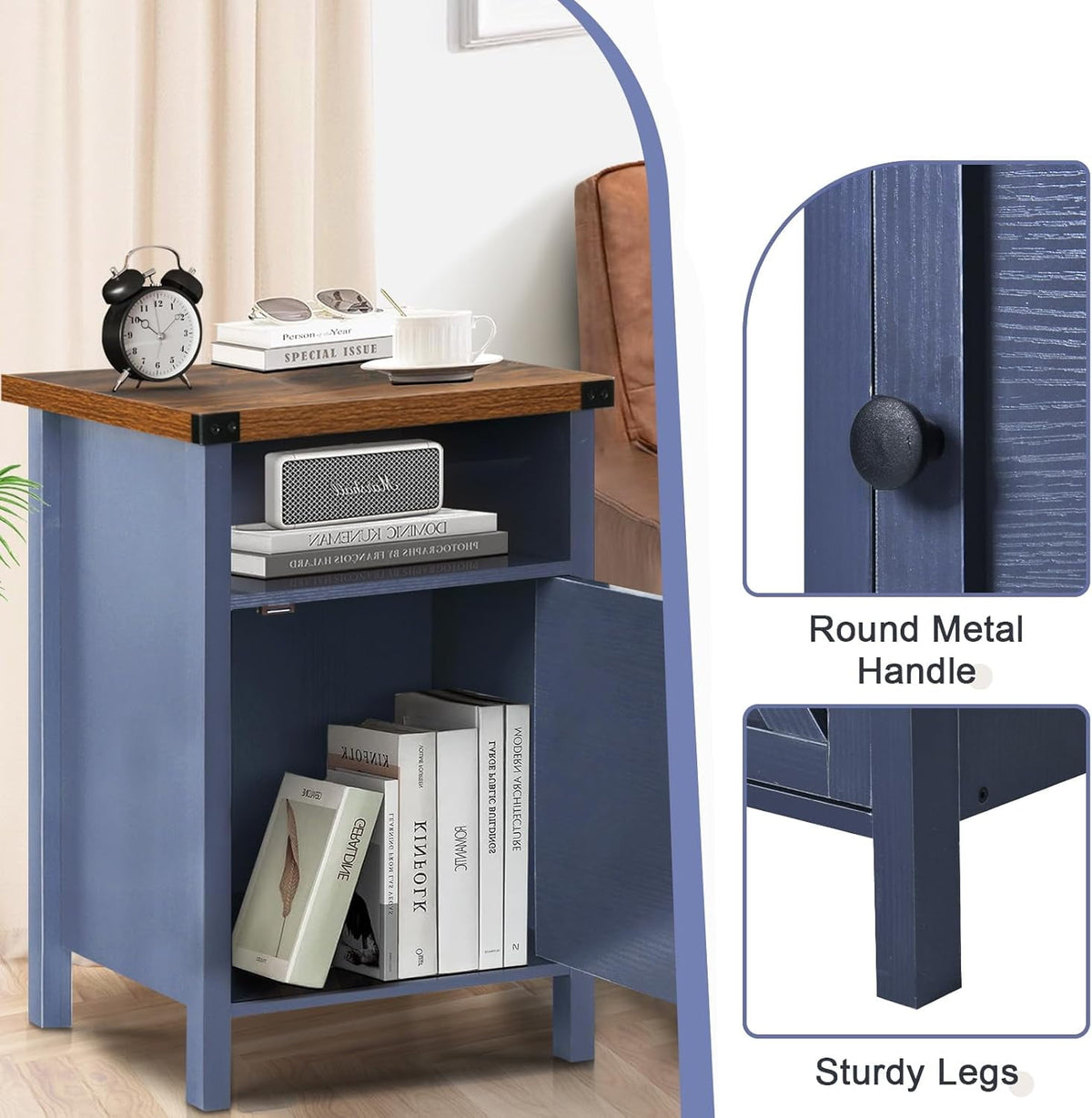 4 Ever Winner Farmhouse Rustic Nightstand Blue with Storage Cabinet and Shelf Set of 2