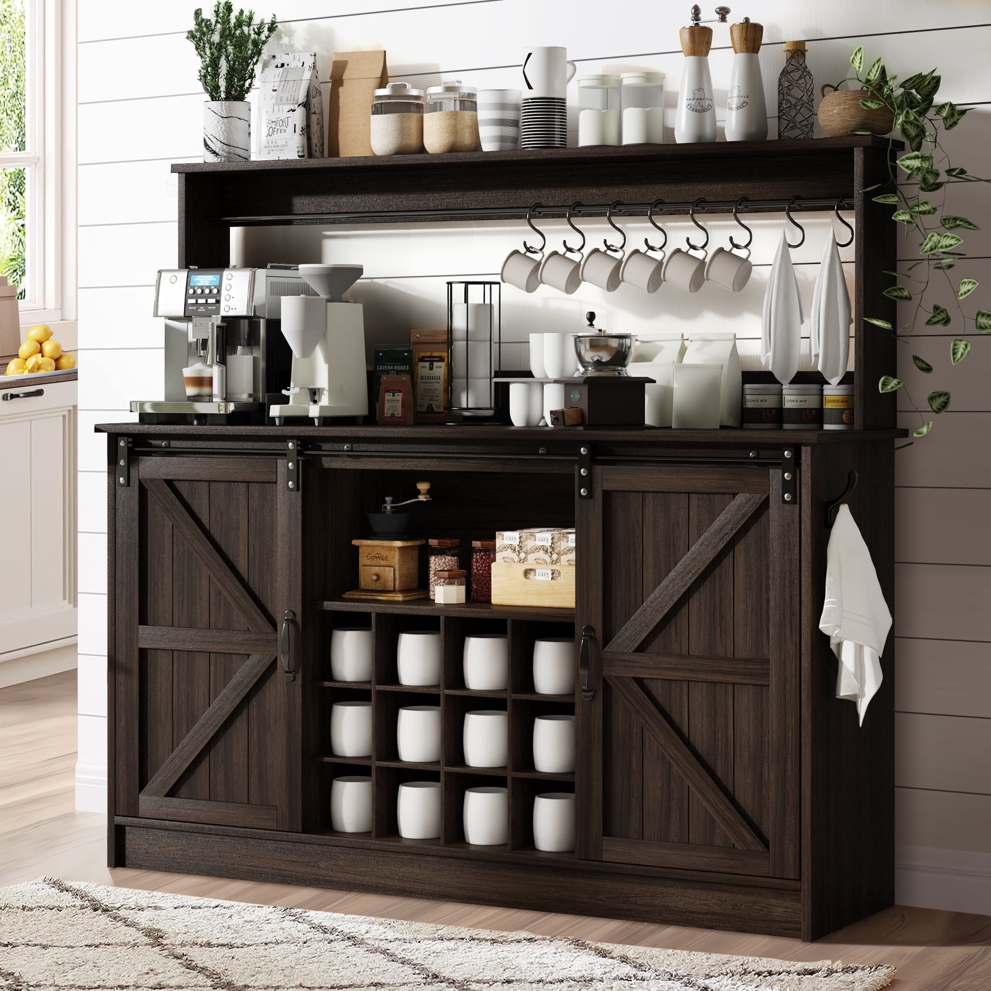 4 EVER WINNER 55¡±Farmhouse Coffee Bar Cabinet, Sideboard Buffet Cabinet with 2 Doors, Kitchen Storage Cabinet with 12 Wine Racks & 8 Cup Hooks for Kitchen, Dining Room, Dark Oak