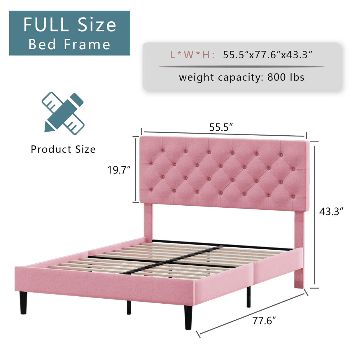 4 EVER WINNER Full Size Bed Frame, Upholstered Platform Bed with Headboard, Button Tufted Headboard, Pink