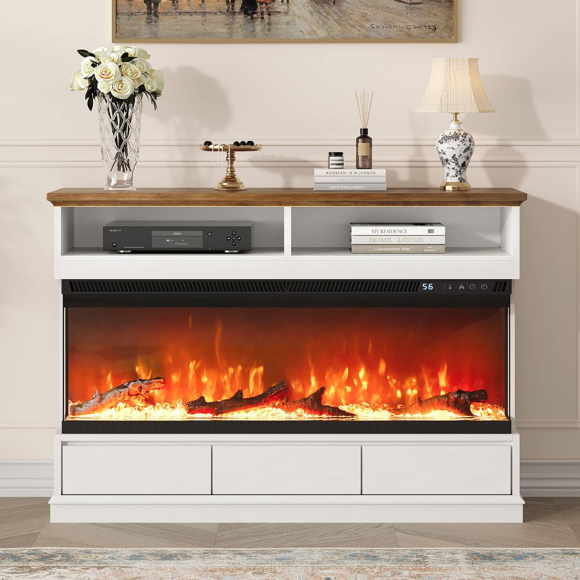 4 EVER WINNER 50 Inch White Modern TV Stand with 3-Sided Glass, Open Shelves & 3 Drawers, Entertainment Center Media Console for Living Room