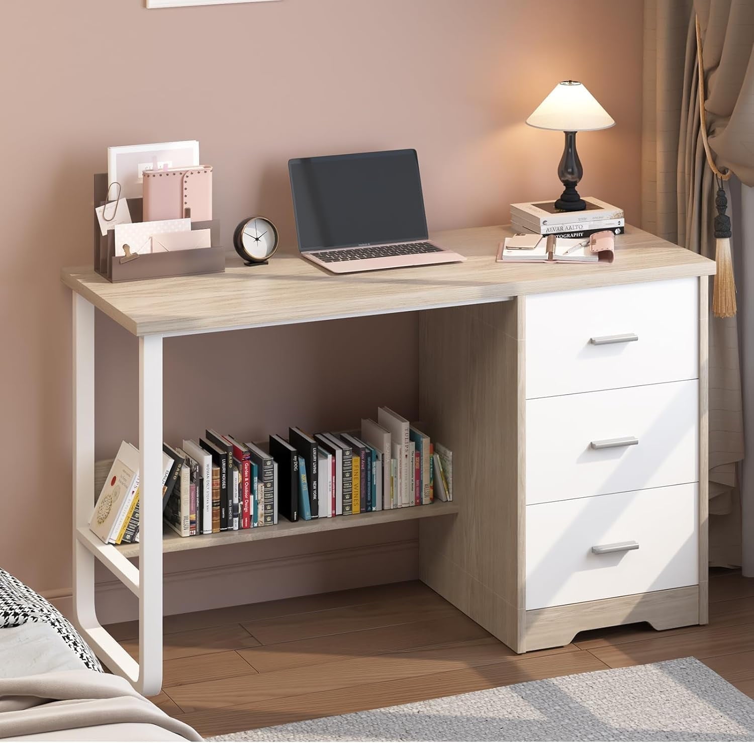 4 EVER WINNER Computer Desk with 3 Drawers, 47 inch Home Office Desk with Bottom Shelves Storage, Writing Desk&nbsp;for Small Spaces, Walnut