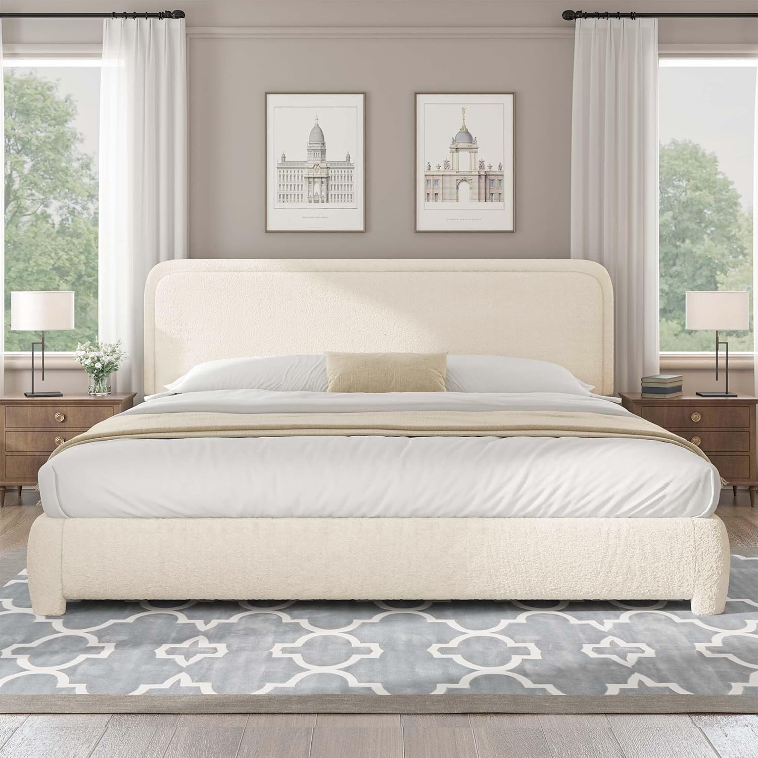 4 EVER WINNER Twin /Full/Queen/KIng Size Bed Frame, Upholstered Bed Frame with Headboard, No Box Spring Required, Easy AssemblyBEAX753-YHLDbed-CREAMCK