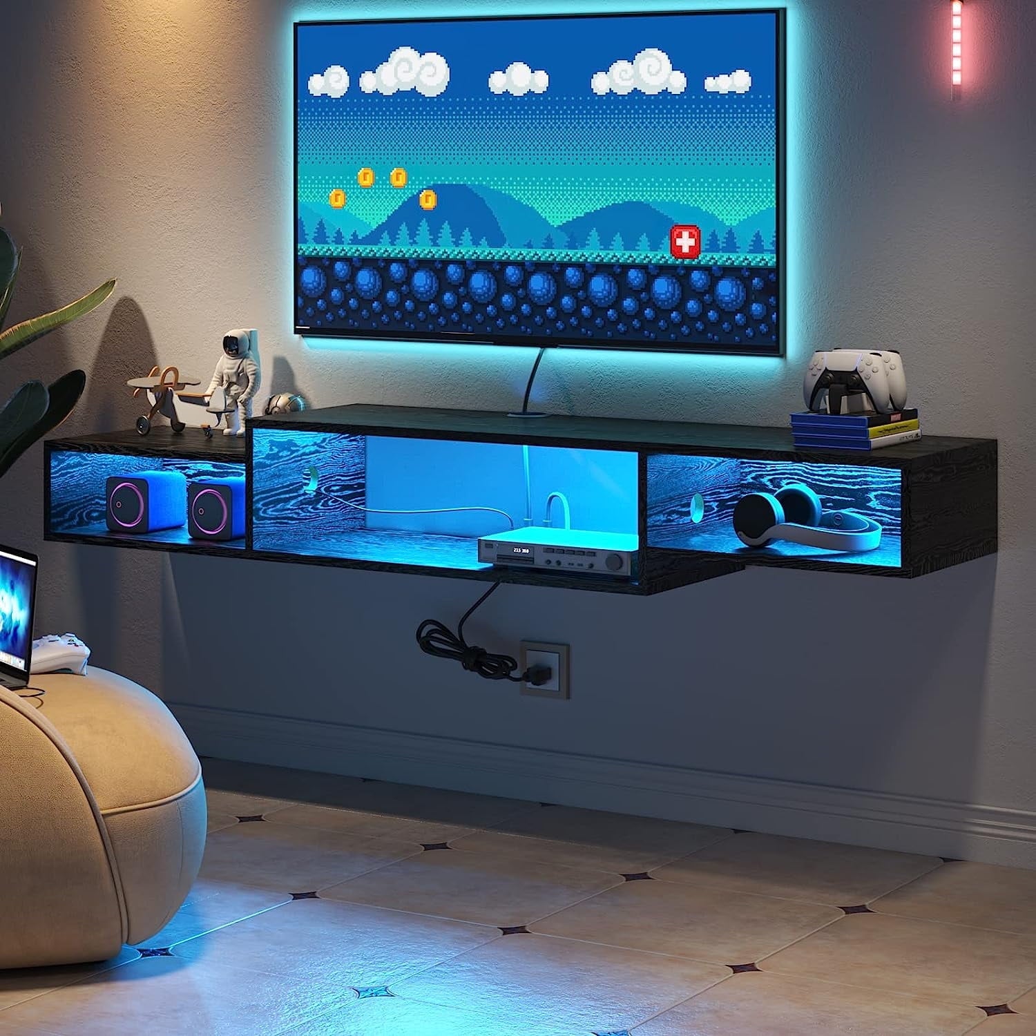 59" Floating TV Stand with LED Lights & Power Outlet for 60 inch TV, Wall Mounted Media Console Entertainment Center, Black