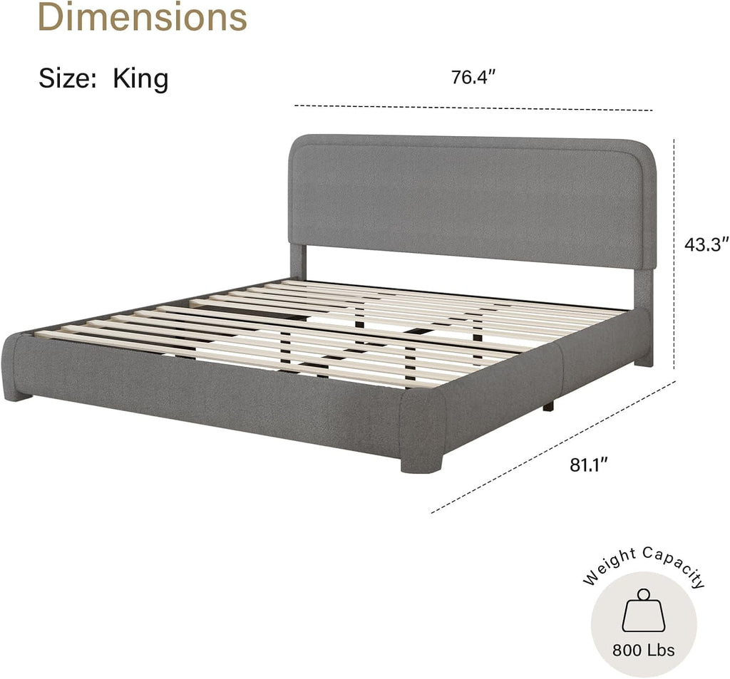 4 EVER WINNER King Size Bed Frame, Modern White Bed Frame with Headboard, Boucle Fabric Upholstered Bed Frame, Soft Curved Headboard, Gray