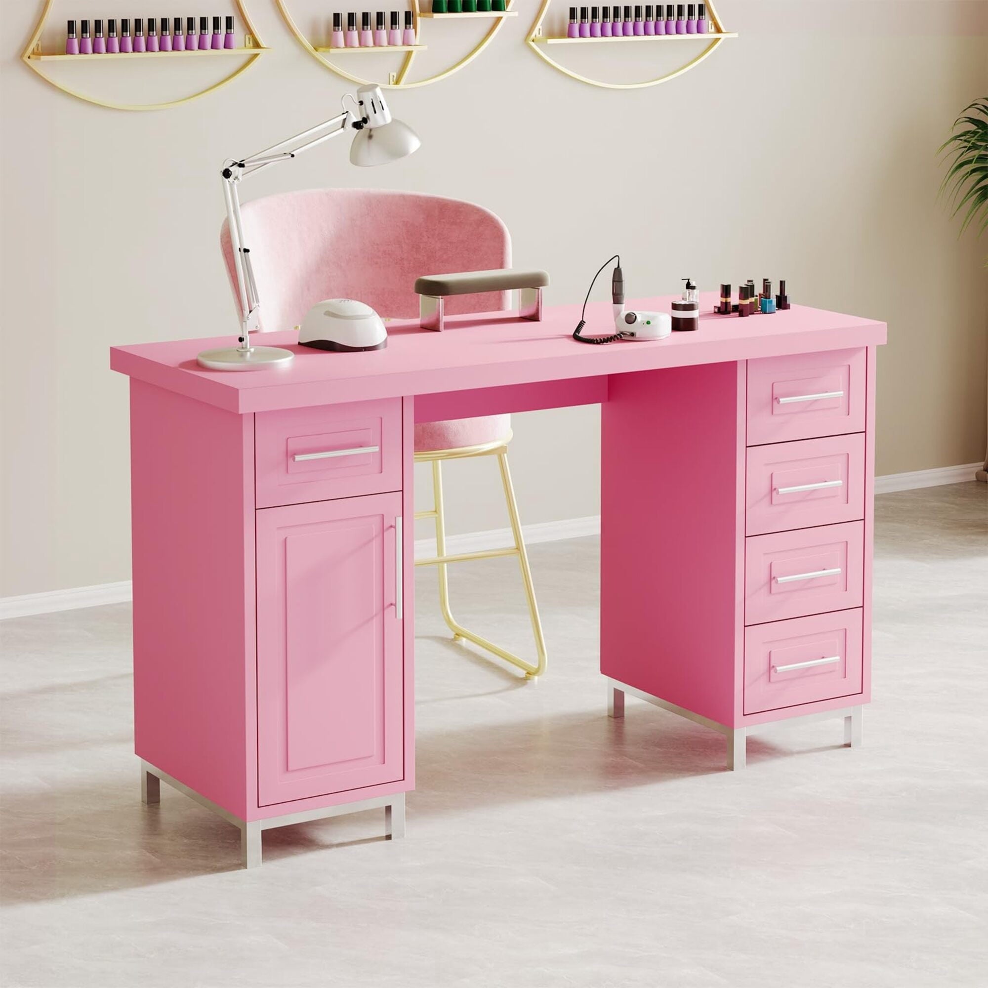 Nail Tech Desk, 43 Inch Pink & Silver Manicure Table with 5 Drawers & Adjustable Shelf Cabinet, Chic Nail Station for Home & SalonTAAX055-MJZ-Pink-TAAX055