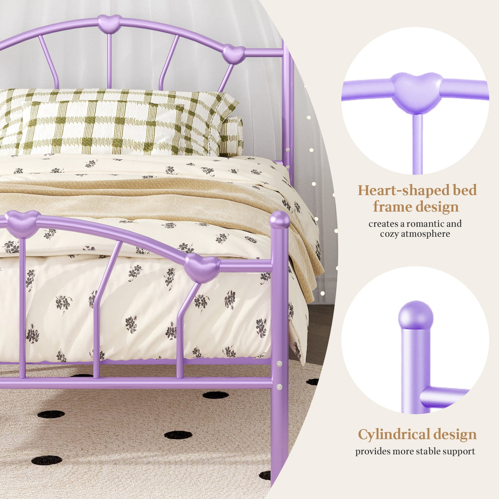 4 EVER WINNER Queen Size Metal Platform Bed Frame with Heart-Shaped Decorative Headboard and Footboard, 12.2" Under bed Storage Space, Purple