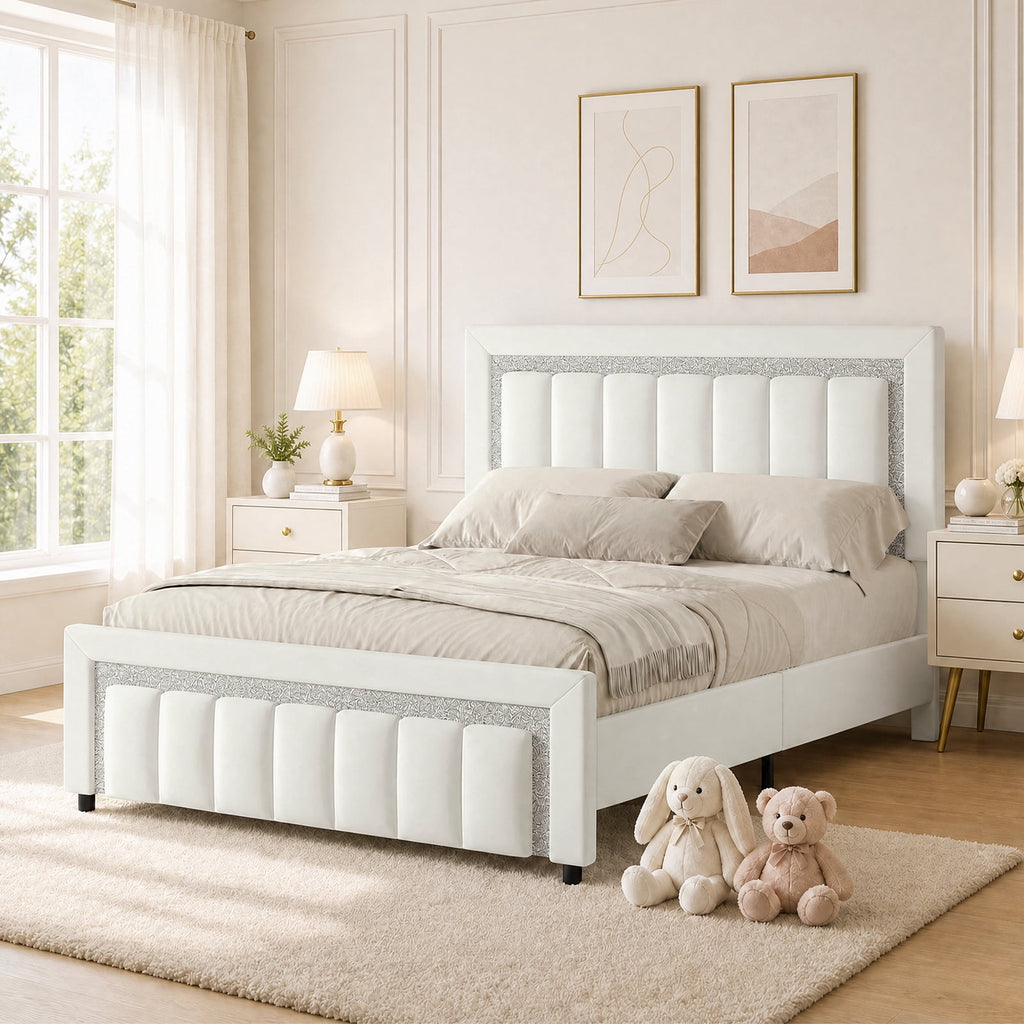 4 EVER WINNER Full Bed Frame, Velvet Upholstered Bed Frame with Diamond Headboard, White Full Size Bed Frame, White
