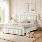 4 EVER WINNER Full Bed Frame, Velvet Upholstered Bed Frame with Diamond Headboard, White Full Size Bed Frame, White