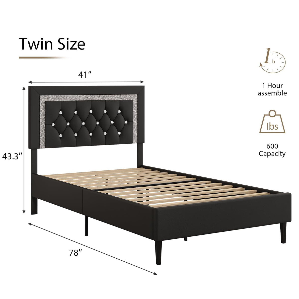 4 EVER WINNER Modern Black Twin Bed Frame with Diamond Tufted Headboard, Upholstered Platform Bed with Glitz Accent, Heavy-Duty Wood Slat Support, No Box Spring Needed, Tool-Free Assembly