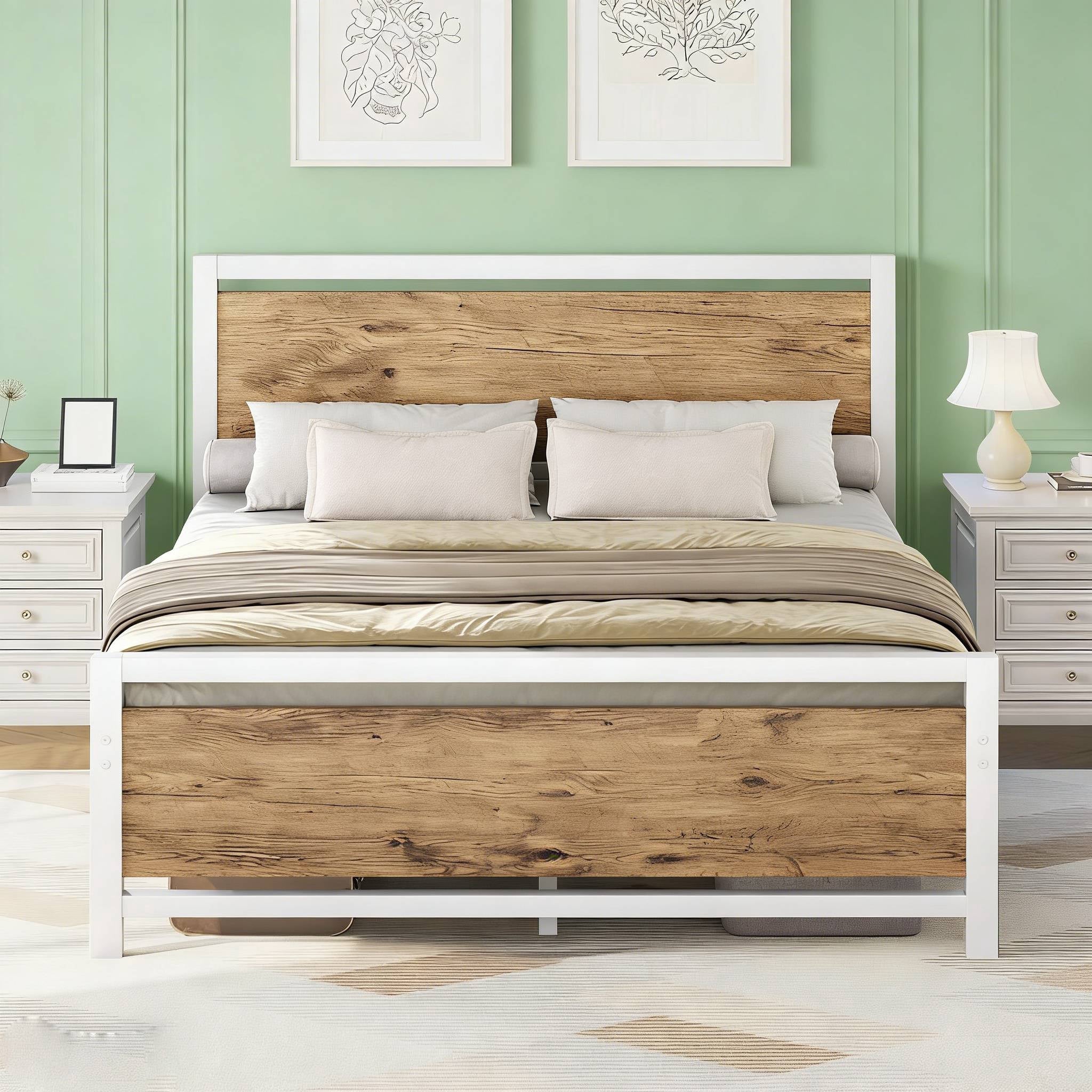 4 EVER WINNER Twin /Full/Queen/KIng Size Bed Frame, Upholstered Bed Frame with Headboard, No Box Spring Required, Easy AssemblyBE0307-GYFQHTPBED-White-Queen-BE0307