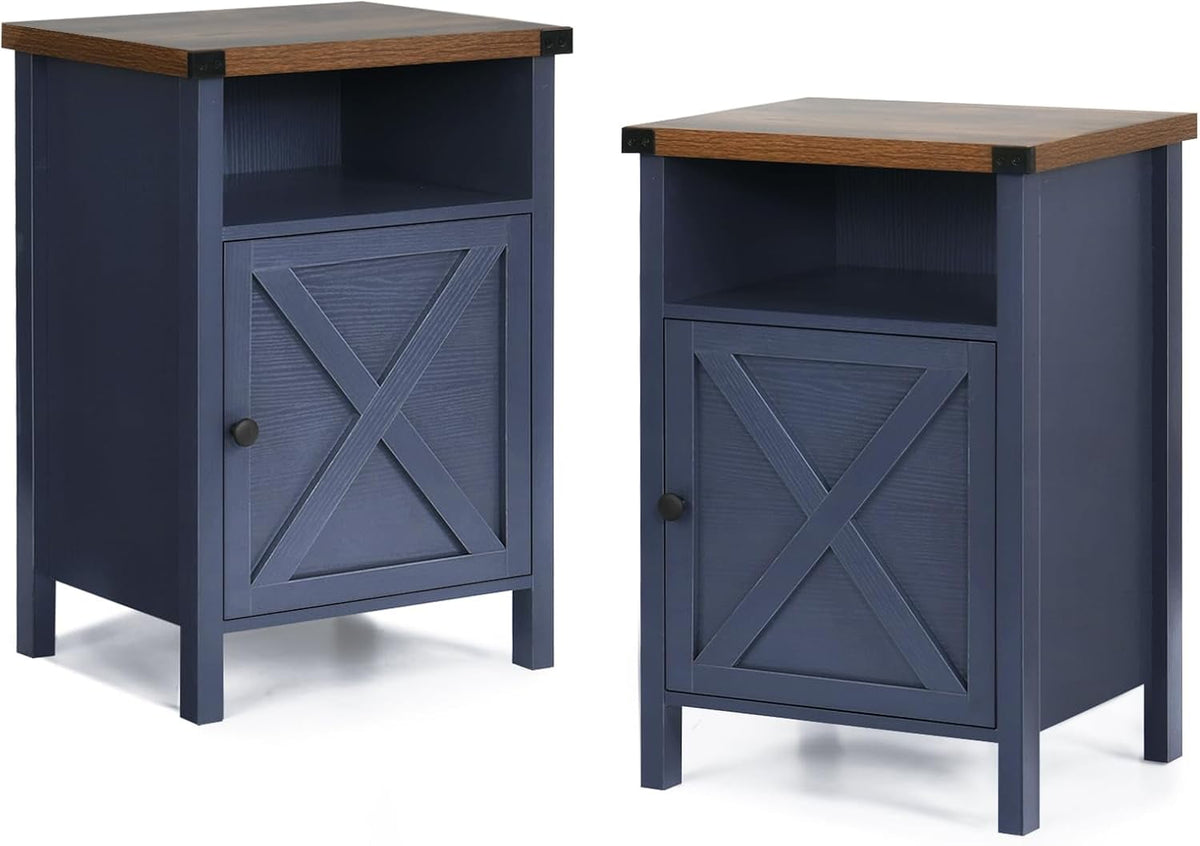 4 Ever Winner Farmhouse Rustic Nightstand Blue with Storage Cabinet and Shelf Set of 2