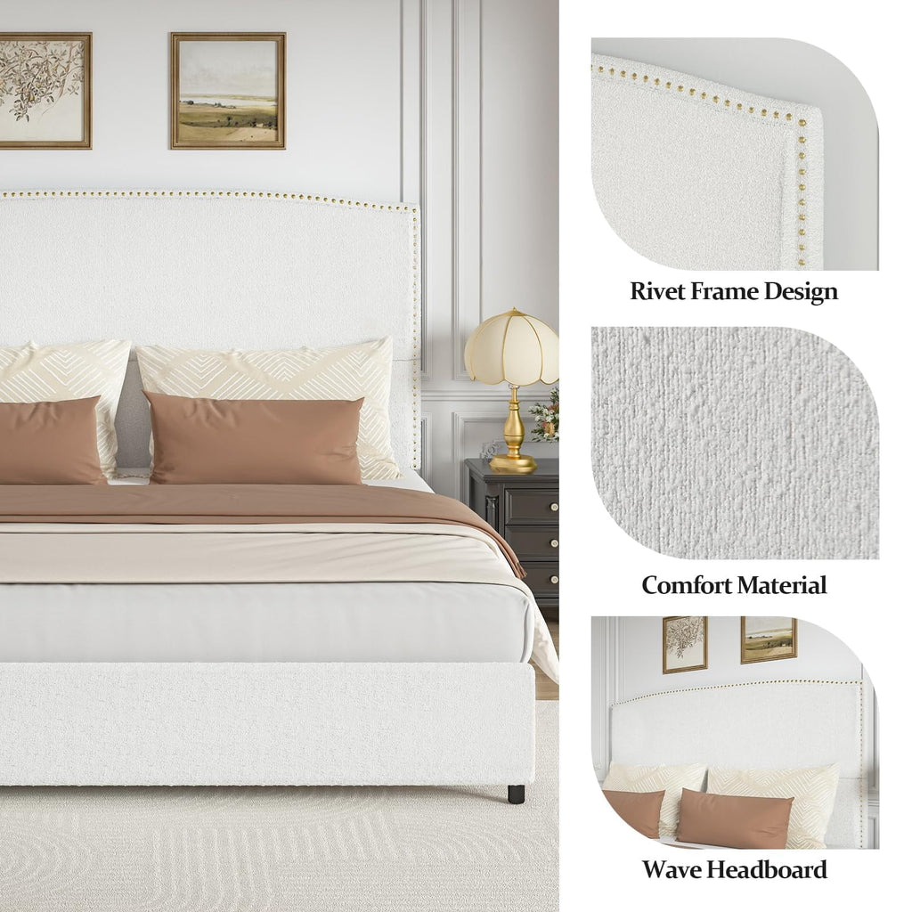 4 EVER WINNER King Bed Frame with 56" Tall Headboard, White King Bed Frame with Nailhead Trim Headboard, King Size Upholstered Platform Bed, White