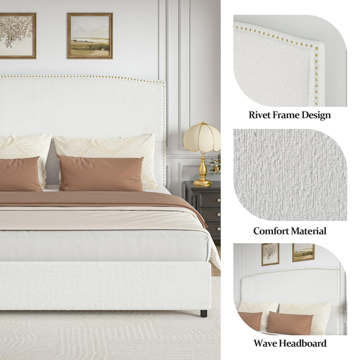 4 EVER WINNER King Bed Frame with 56" Tall Headboard, White King Bed Frame with Nailhead Trim Headboard, King Size Upholstered Platform Bed, White
