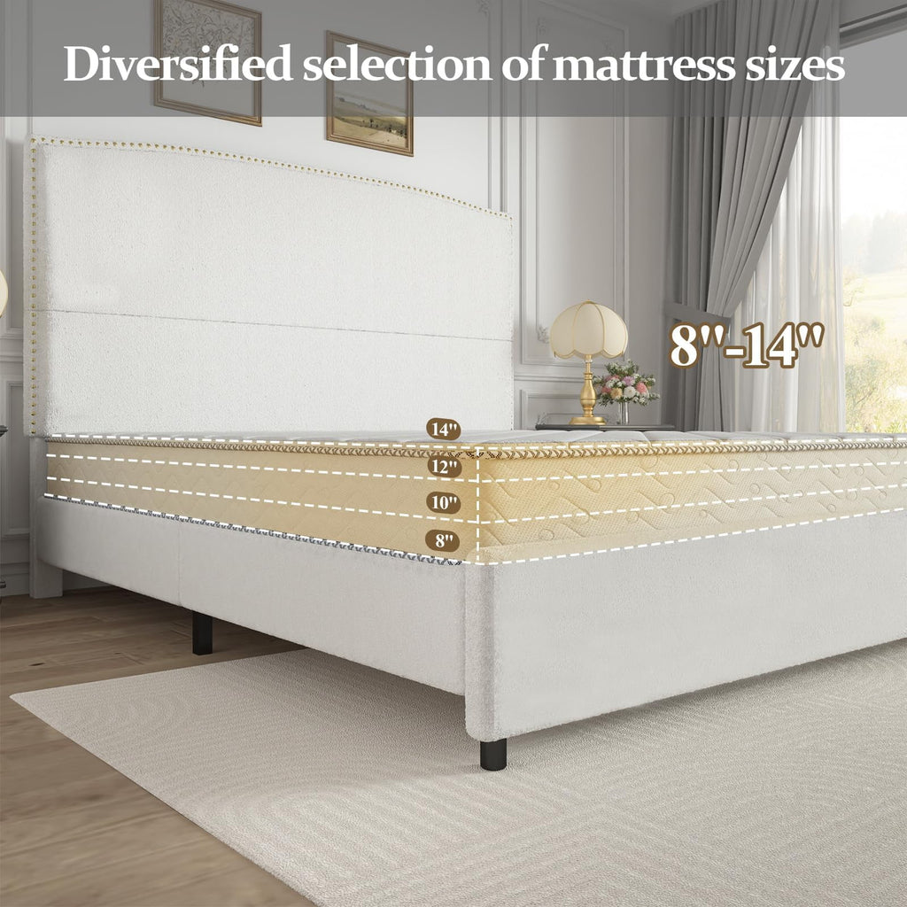 4 EVER WINNER King Bed Frame with 56" Tall Headboard, White King Bed Frame with Nailhead Trim Headboard, King Size Upholstered Platform Bed, White