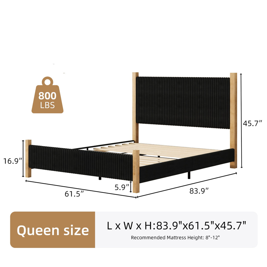4 EVER WINNER Queen Size Corduroy Upholstered Bed Frame with Vertical Channel Design Headboard, Wooden Legs Platform Bed, No Box Spring Needed, Sturdy Noise-Free Structure, Easy Assembly, Black