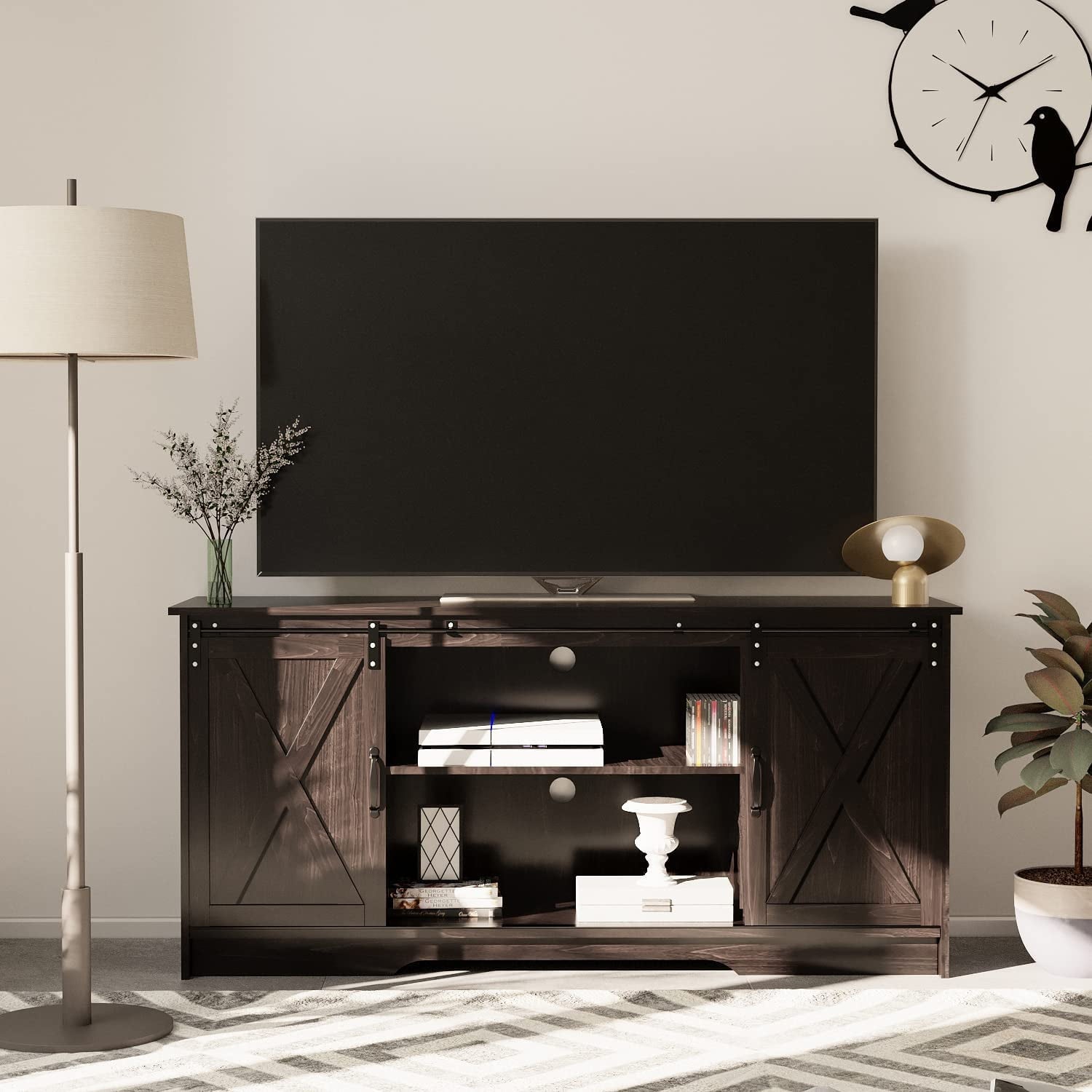 Modern Farmhouse TV Stand for 65 inch TV, Sliding Barn Door Television Stands, Media Console Dark Brown