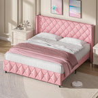 DreamCurship King Size Bed Frame, Pink King Bed Frame with Headboard and Footboard, Modern Upholstered Bed Frame, Pink