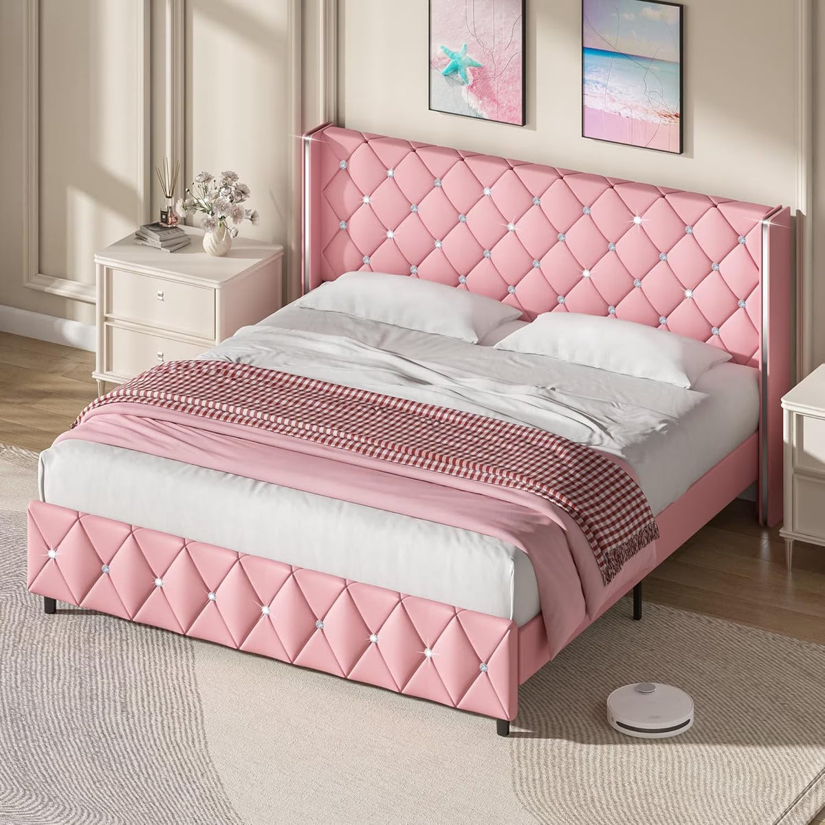 DreamCurship King Size Bed Frame, Pink King Bed Frame with Headboard and Footboard, Modern Upholstered Bed Frame, Pink