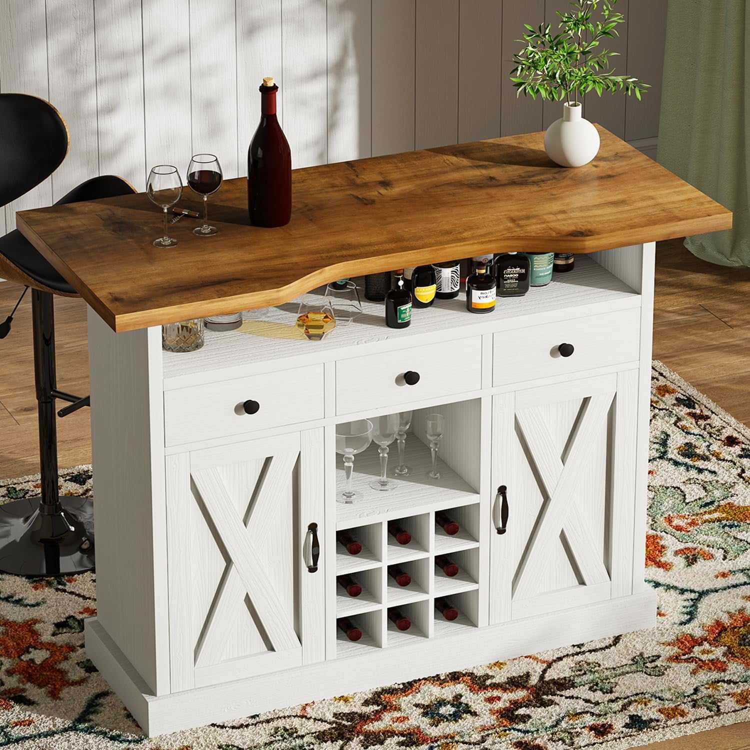 4 EVER WINNER 52¡± Home Bar Unit, Farmhouse Bar Cabinet with Storage, Wine Bar Cabinet with Wine Rack, Liquor Bar Table for Home, White