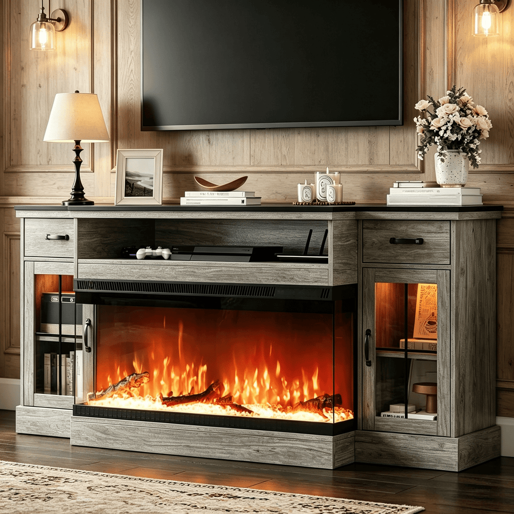 DreamCurship Fireplace TV Stand for TVs up to 80", Farmhouse TV Stand with Electric Fireplace, Glass Door Entertainment Center with Led Light, Media Console Table for Living Room, Gray